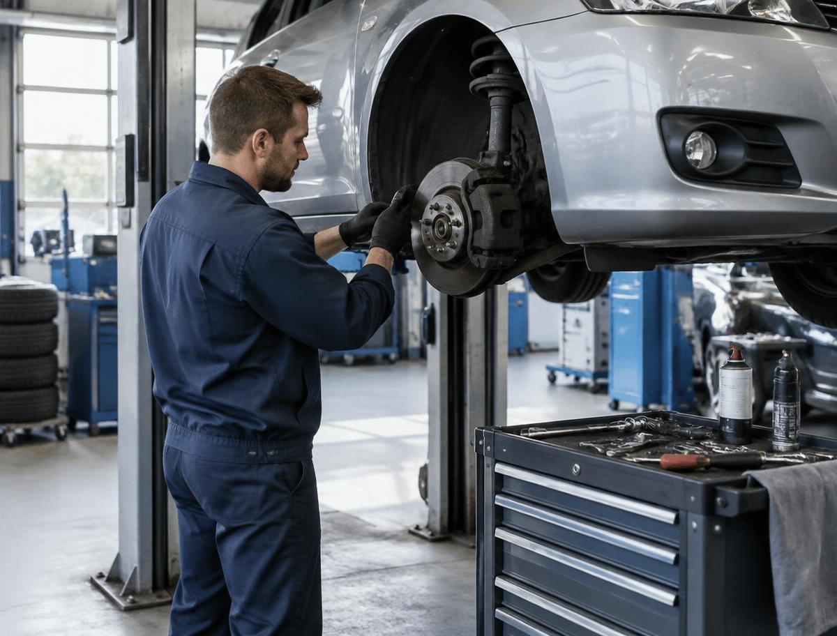 Mechaniker prüft die Bremsanlage eines Kundenfahrzeugs